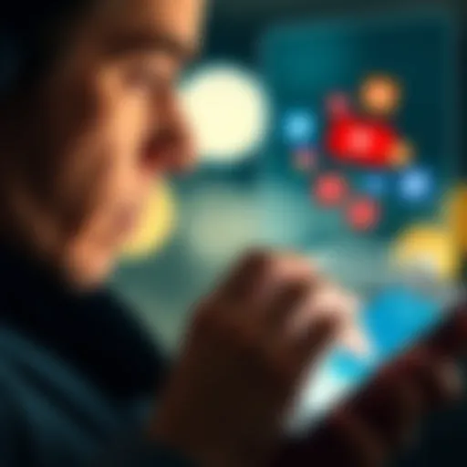 A person looking thoughtfully at a phone with social media icons and a trash can symbolizing deletion