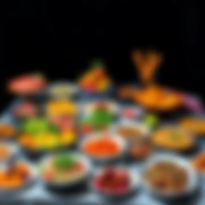 A beautifully arranged table filled with various dishes including colorful salads and desserts