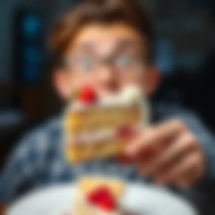 A surprised person holding a slice of delicious cake, celebrating a sweet win