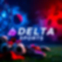 A vibrant display of Delta Sports logo with images of soccer balls and sports gear, highlighting upcoming events and innovations.