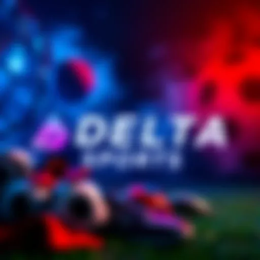 A vibrant display of Delta Sports logo with images of soccer balls and sports gear, highlighting upcoming events and innovations.