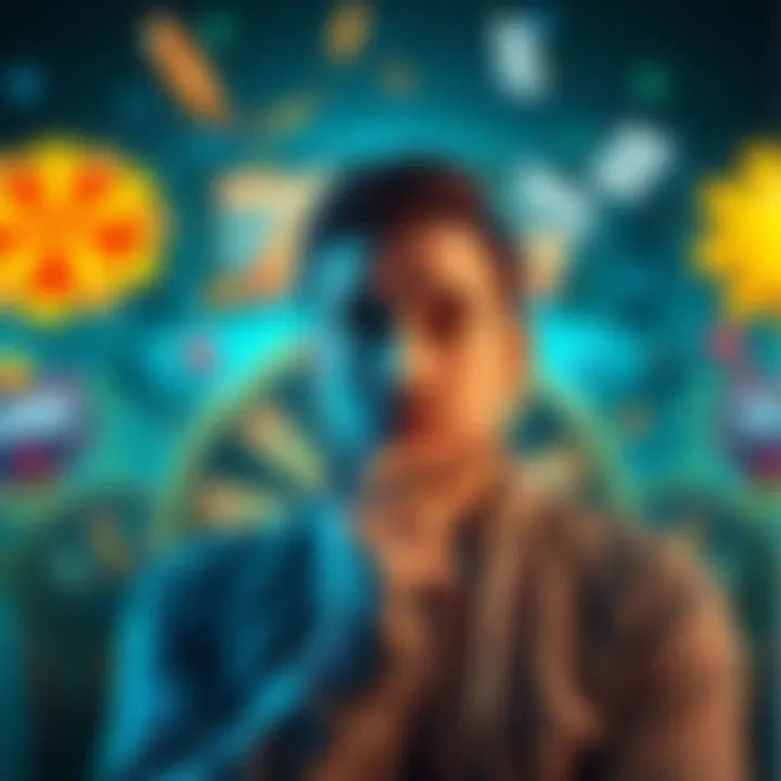 Person contemplating between a deposit bonus and free spins with casino symbols in the background