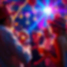 A lively Derby Party scene with people enjoying drinks, wearing festive hats, and cheering amidst colorful decorations.