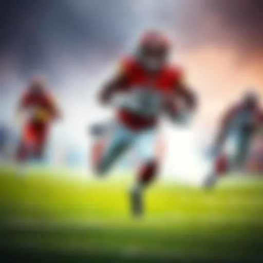 Derrick Henry in action, sprinting down the field with the football, showcasing his power and speed, while James Cook and Daniel Jones look on in support.