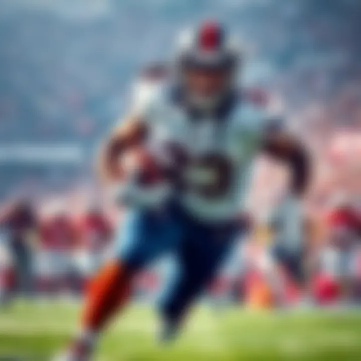 Derrick Henry running with the football during a game, showcasing his power and speed