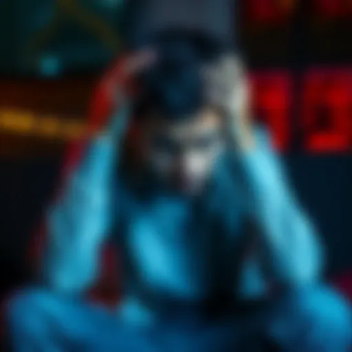 Feeling of despair after loss A person sitting with their head in their hands, showing deep frustration and sadness after a financial loss.