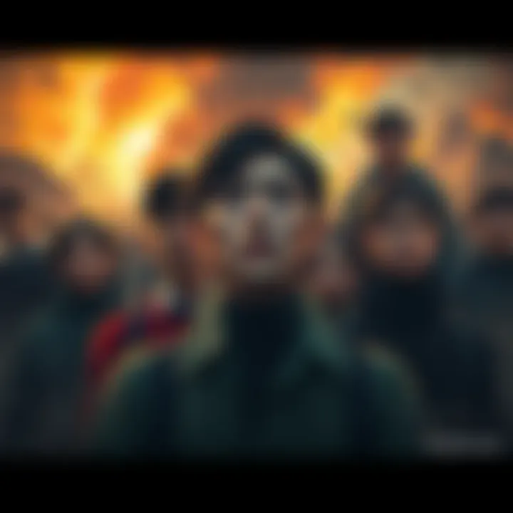 Despair from Loss A group of people looking hopeless and devastated, surrounded by destruction caused by events related to Korea.