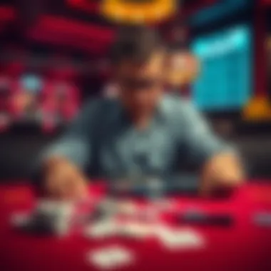 A person sits at a table with empty bets and a broken calculator, looking defeated after losing money in gambling.