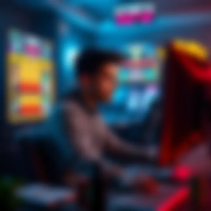 Desperate Gambler A person sitting at a computer, looking distressed while staring at their gambling losses on the screen.