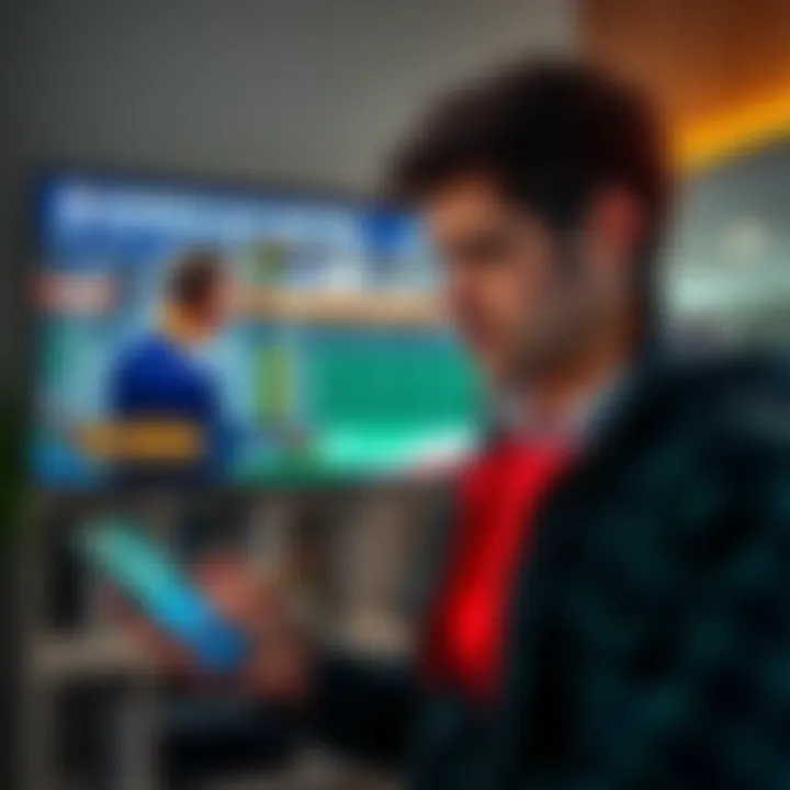 A person looking at betting odds on a smartphone, showing concern over the cancellation of a game in Detroit, with sports news displayed on a television in the background.