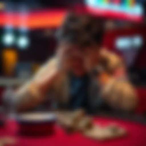 A person sits at a table with head in hands, looking upset after losing money in a game.