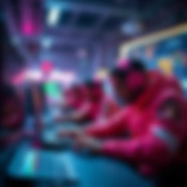A group of game developers working together to fix coding errors during a project launch.
