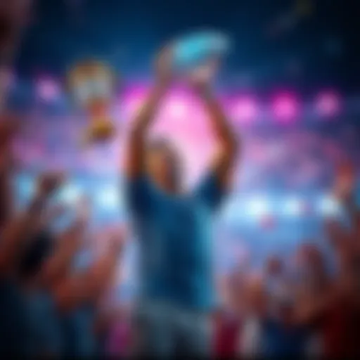 A triumphant athlete holding a diamond trophy, surrounded by cheering fans