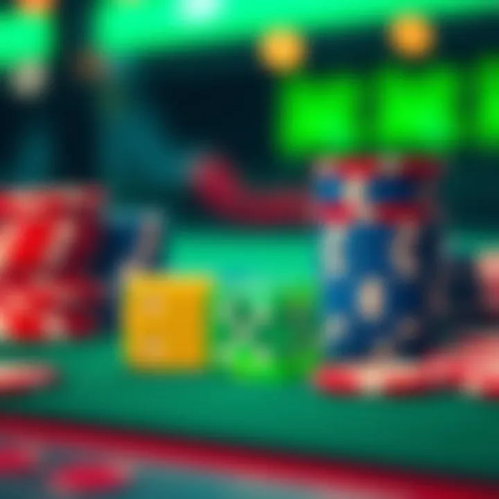 Colorful dice and betting chips stacked on a table, representing luck in gambling.