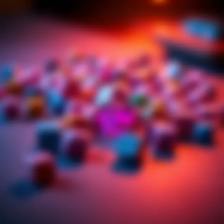 A close-up of colorful dice scattered on a game table, representing random play strategies in games.