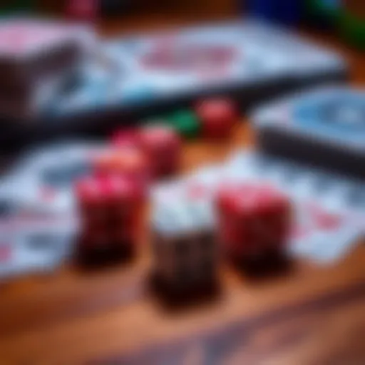 A close-up of colorful dice and playing cards spread out on a wooden table, representing gambling and chance.