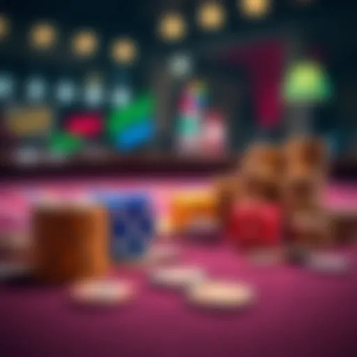 Dice and money on a gaming table A close-up of colorful dice and stacks of coins on a gaming table, illustrating the concept of choosing multipliers for betting.