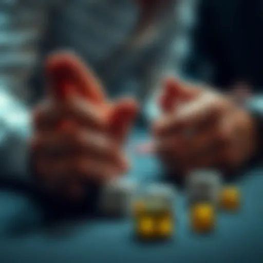 A pair of hands in prayer next to a set of dice on a table, symbolizing hope and chance in gambling.