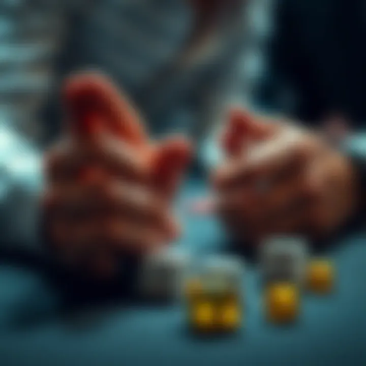 Dice and Prayer Hands A pair of hands in prayer next to a set of dice on a table, symbolizing hope and chance in gambling.