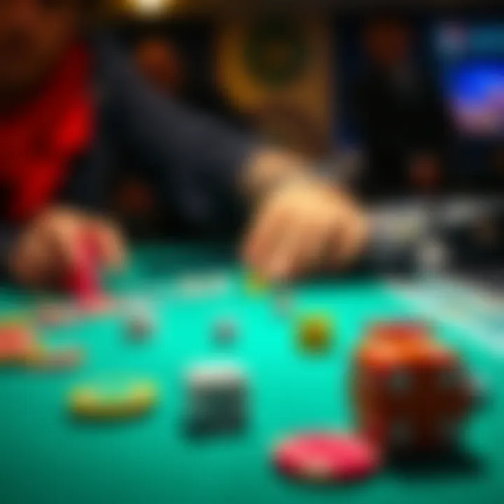A person placing bets on dice with colorful chips and dice in focus on the table.