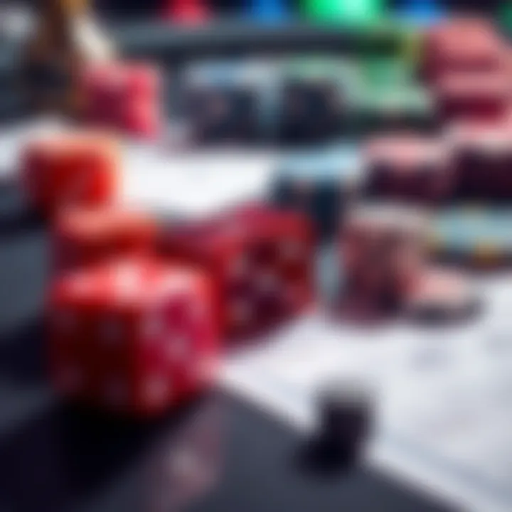 A close-up of colorful dice on a betting table with strategy cards and chips in the background.