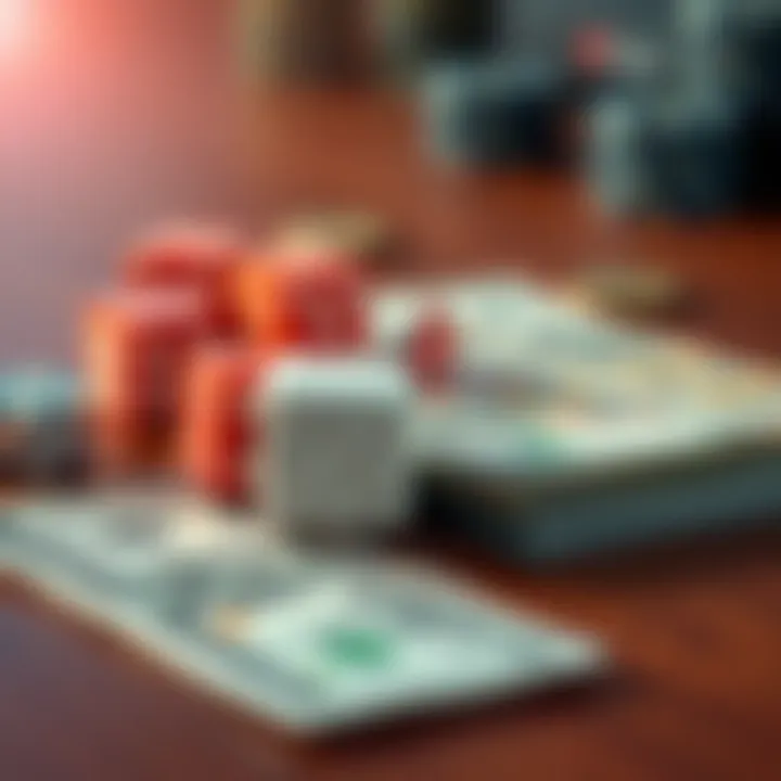 A close-up of colorful dice placed on a wooden table next to a stack of cash, representing gambling losses.