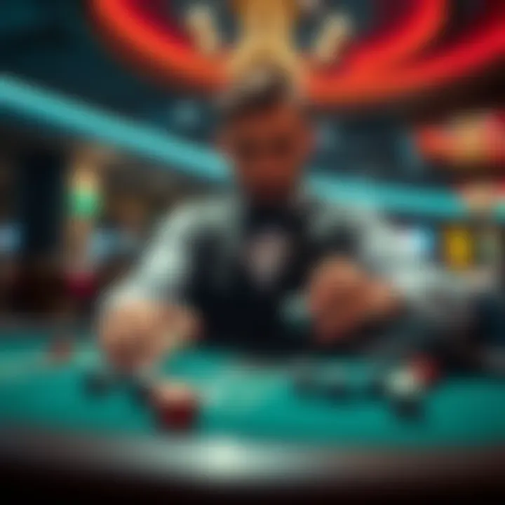 A dice dealer at a casino table demonstrating skillful dice handling during a game.