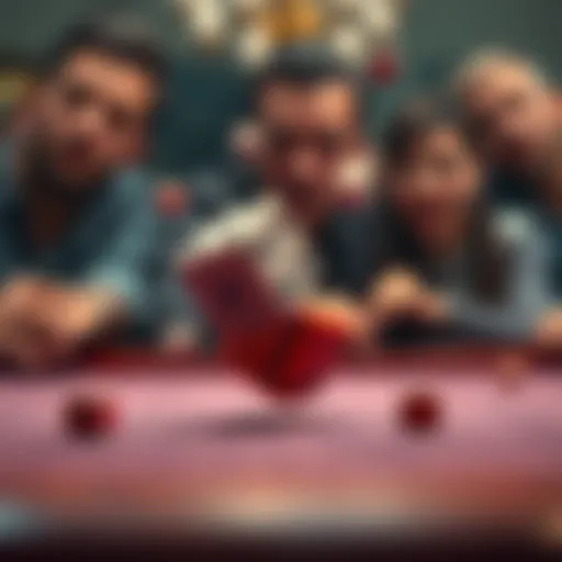 A set of dice rolling off a table, representing a high-stakes gamble, with a blurry background of shocked faces.