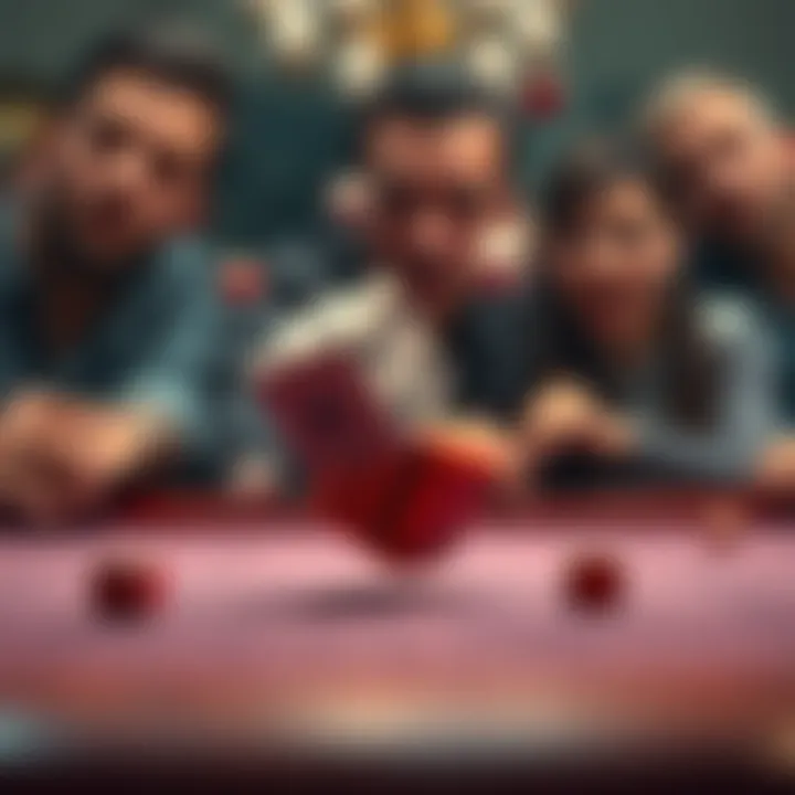 A set of dice rolling off a table, representing a high-stakes gamble, with a blurry background of shocked faces.