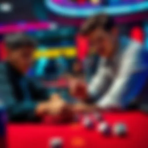 A player at a dice game table, focusing on the dice with a cautious strategy, while another skilled player watches intently.