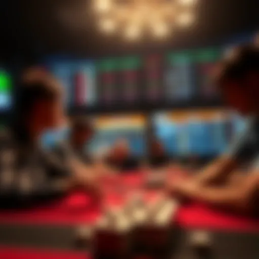 A group of players engaging in dice games at a table, with leaderboards displayed in the background.