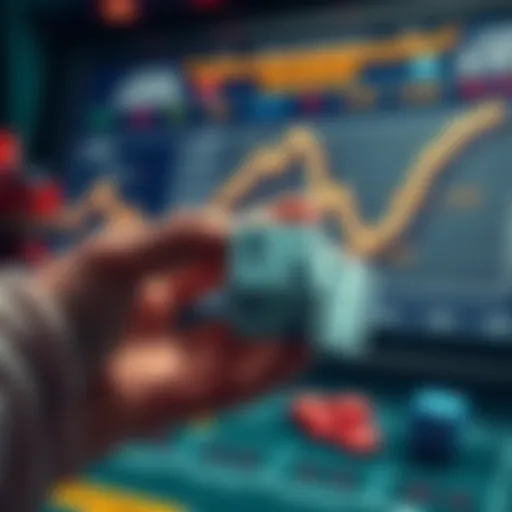 A hand holding a pair of dice with money and a winning chart in the background.