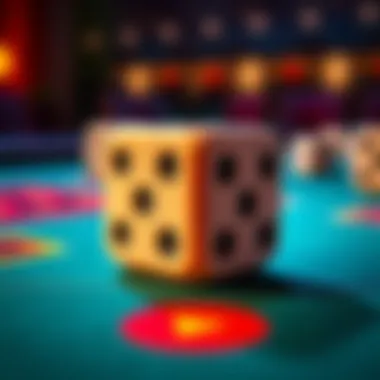 Close-up of dice on a table with a warning sign about gambling risks