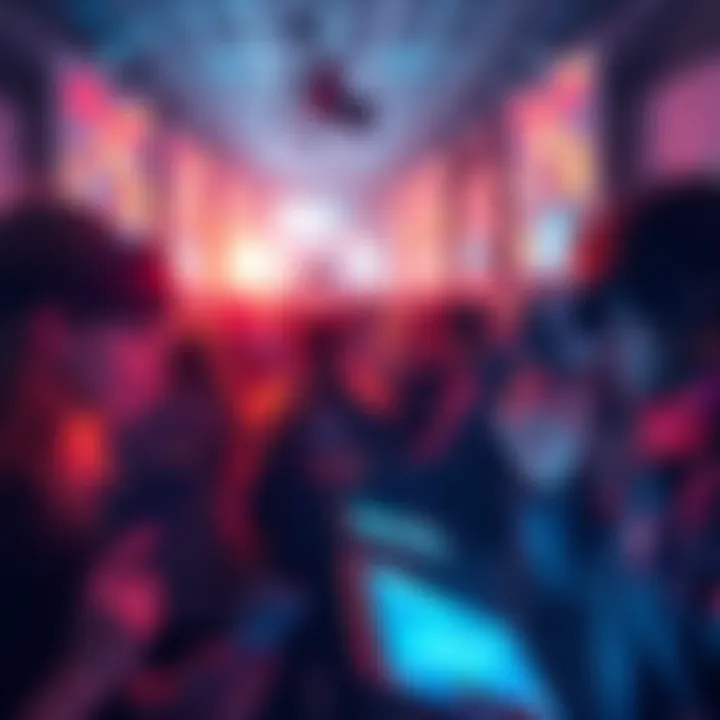 A vibrant scene showing people interacting with various digital media devices like tablets, smartphones, and VR headsets, showcasing the evolution of entertainment.