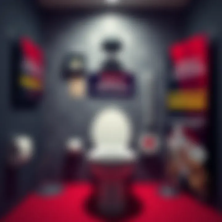 A digital influencer showcasing a themed toilet with poker decorations and promotional banners for America's Card Room