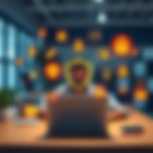 A person using a laptop with security icons around, symbolizing digital safety and protection, in a modern workspace.