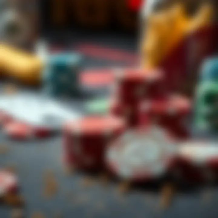 Close-up of dirty poker chips next to snacks on a poker table, highlighting hygiene concerns