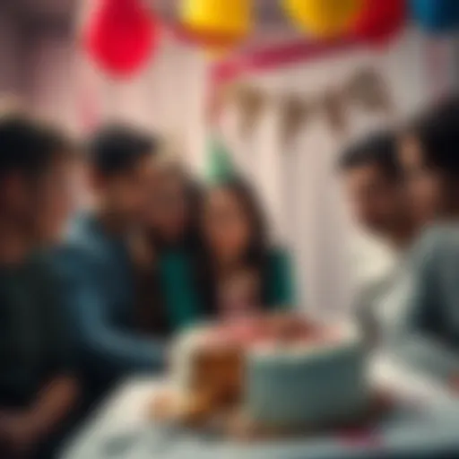 Disappointed Birthday Celebration A group of friends at a birthday party looking disappointed, with a half-eaten cake and balloons in the background.