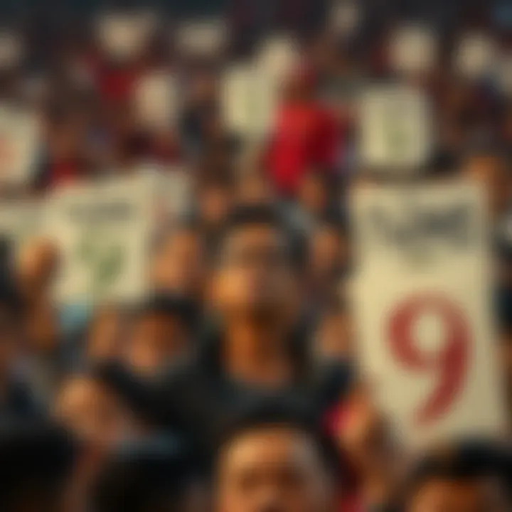 A crowd expressing disappointment, holding signs referencing the number nine and showing frustration on their faces.
