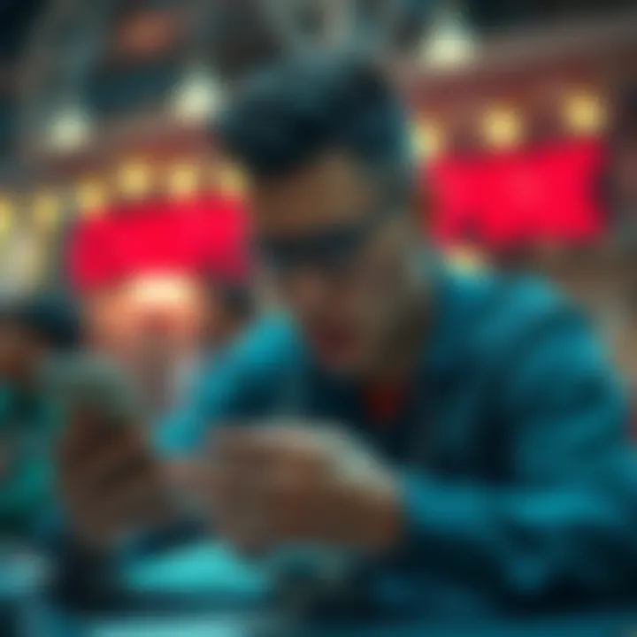 A person looking frustrated while checking game results on a smartphone, surrounded by betting slips and a tense atmosphere.