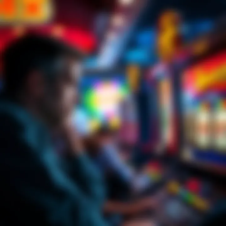 A frustrated player looking at a slot machine with minimal winnings, surrounded by bright casino lights.