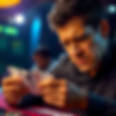 Disappointed gambler looking at betting cards Person frowning while examining betting cards, showing dissatisfaction