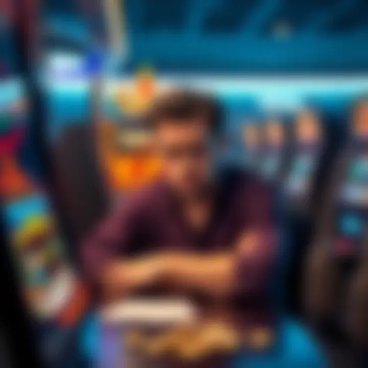 A person sitting at a slot machine looking frustrated after losing money, with cards and chips beside them
