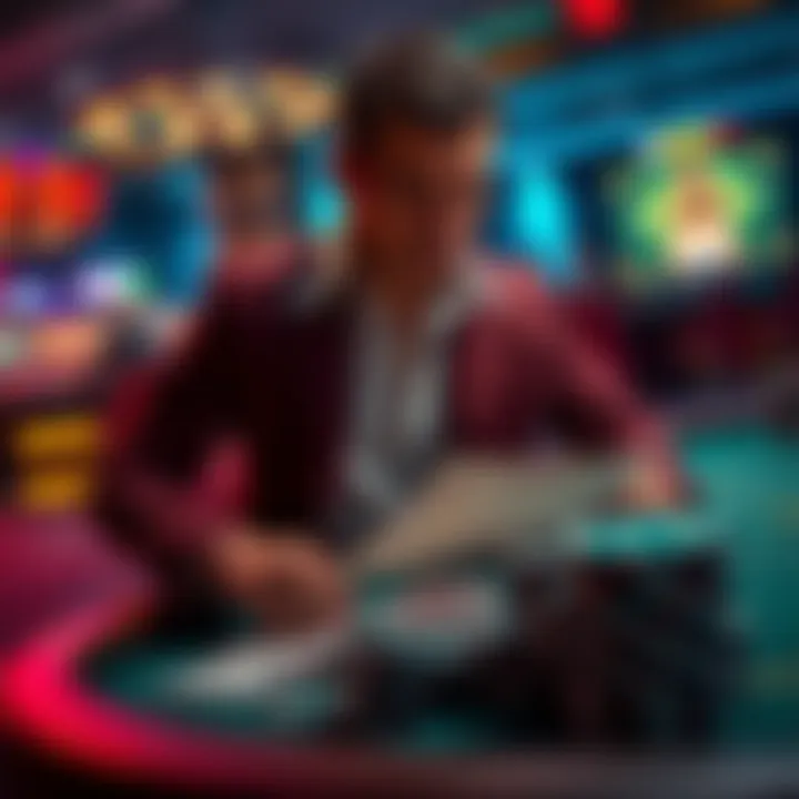 A frustrated gambler sits at a betting table, looking disheartened with empty pockets and a losing ticket in hand.