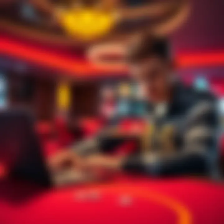 A frustrated gambler sitting at a casino table with a laptop showing a promotional offer for bonuses that appears misleading.