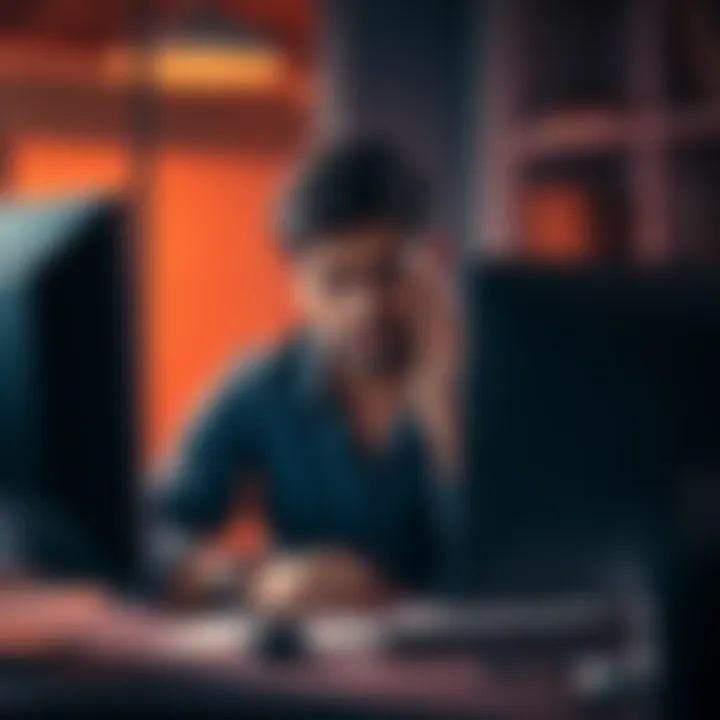 Disappointed participant A person looking frustrated while sitting at a desk with a computer, reflecting on missed goals and targets.