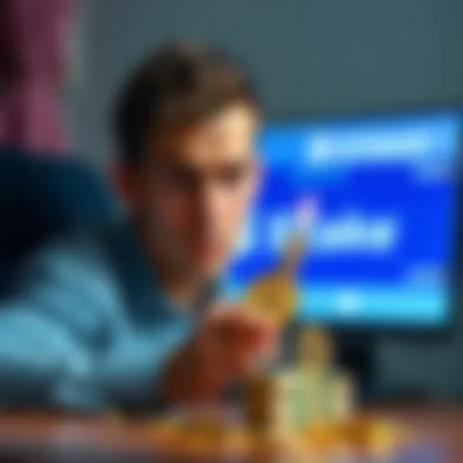 A frustrated person looking at a small pile of money representing a birthday bonus, with a computer screen showing the Stake logo in the background