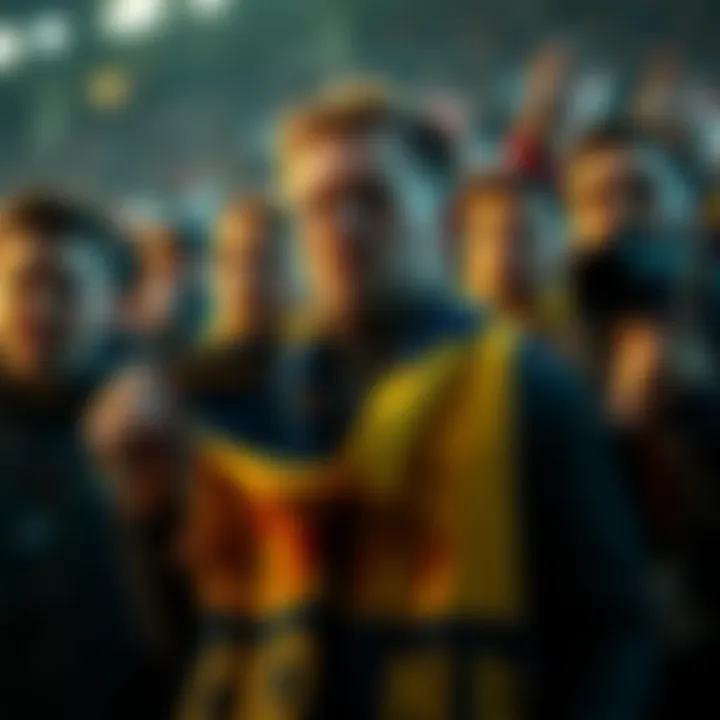 A disappointed soccer fan with a sad expression, holding a scarf of their favorite team, surrounded by fellow fans reacting to an unexpected game outcome.