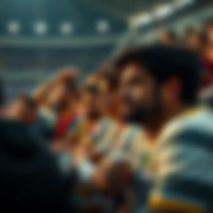 Group of fans looking disappointed during a soccer game, with one holding their head in frustration.