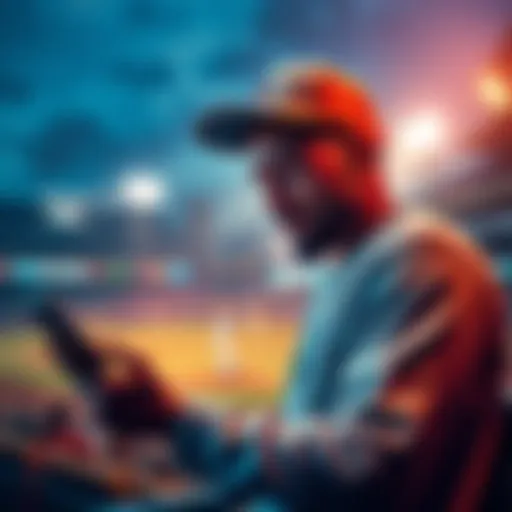 A frustrated bettor looks at sports betting odds on a phone with a baseball game in the background.